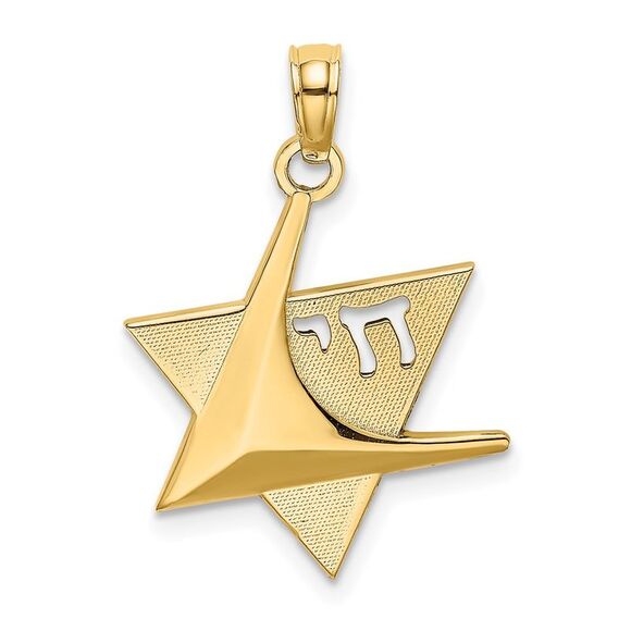 14k Yellow Gold Polished Star Of David W/Chai Charm